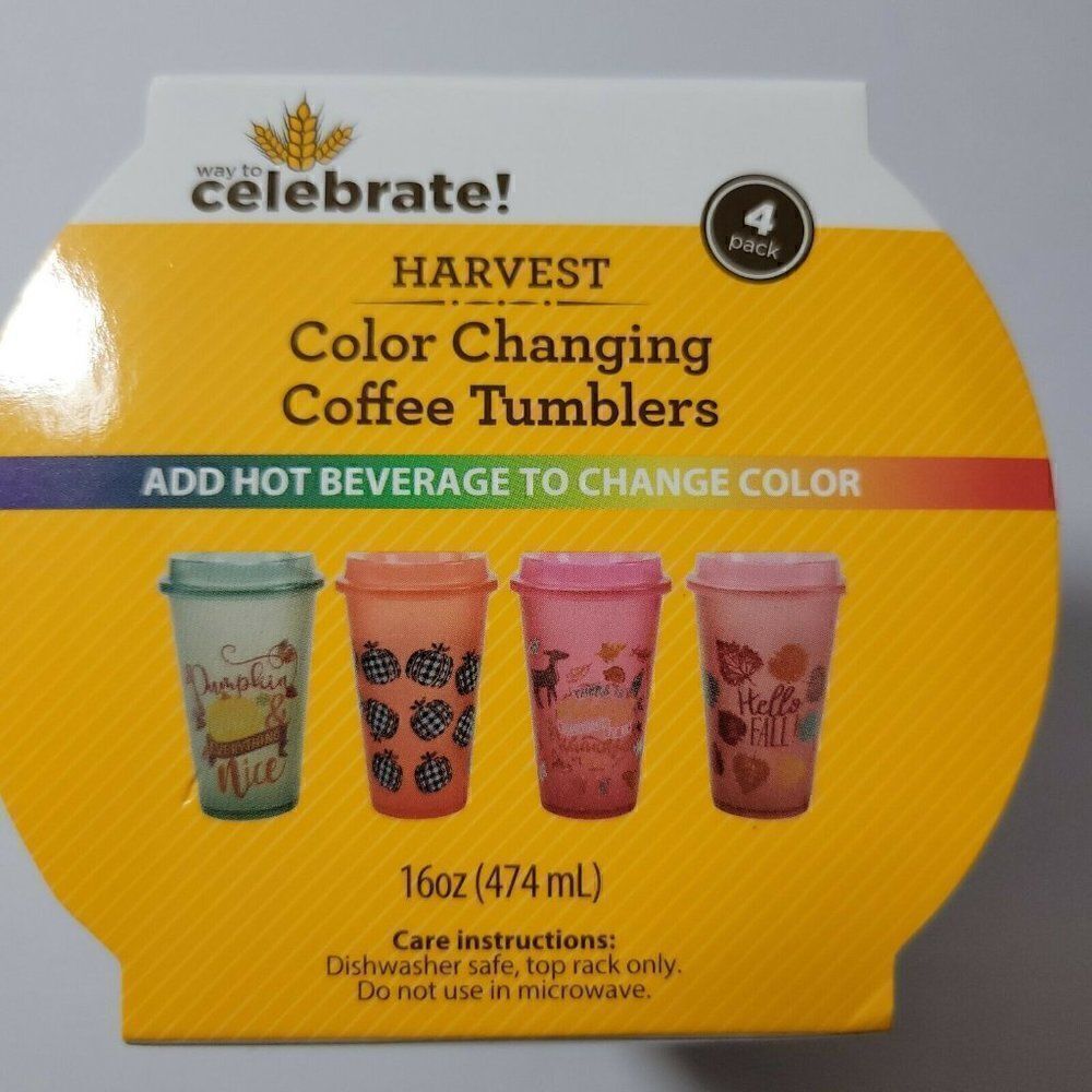 Way to‎ Celebrate Harvest Color Changing Coffee Tumbler Cups 16 oz. Reusable 4Pk